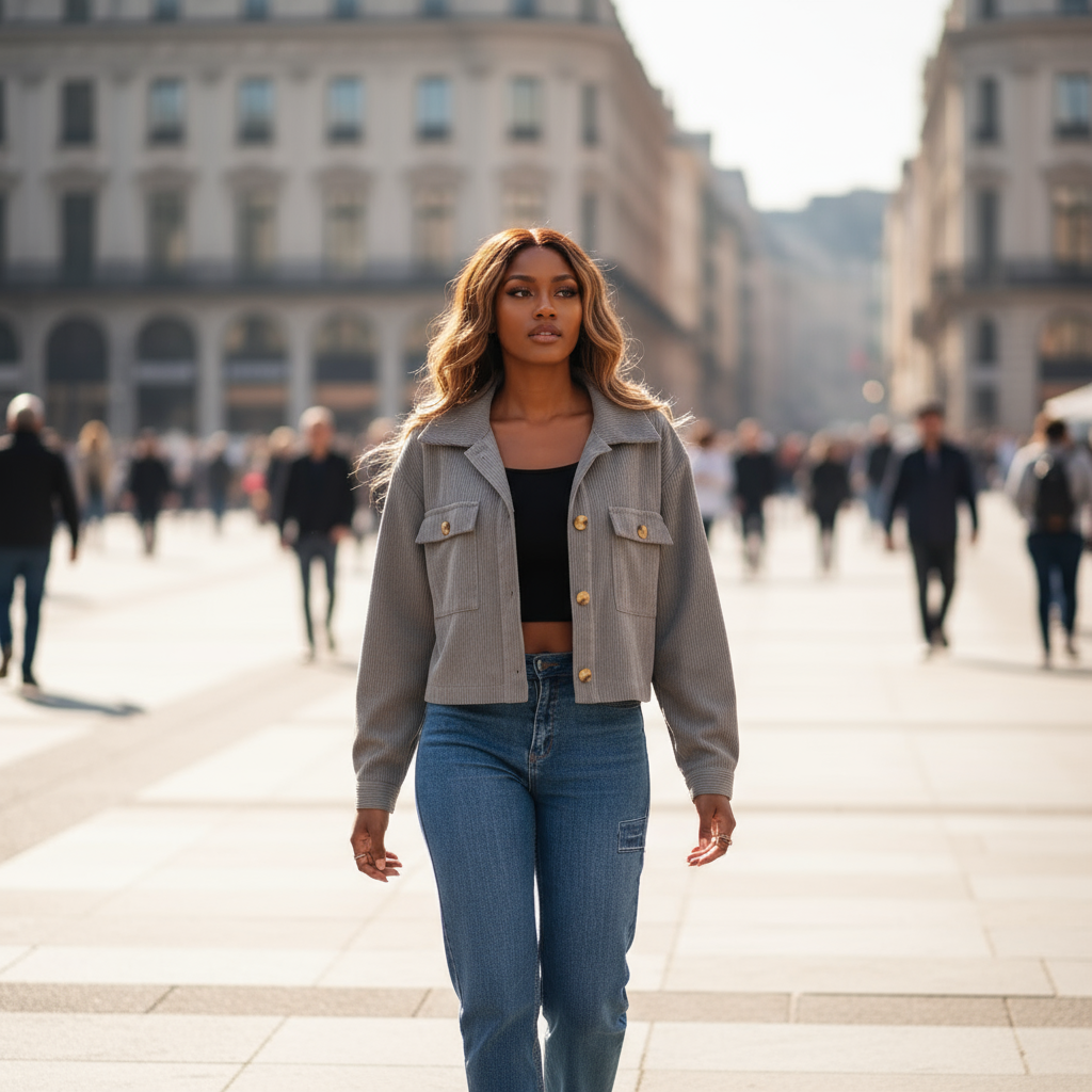 Woman walking on a city street with blurred background