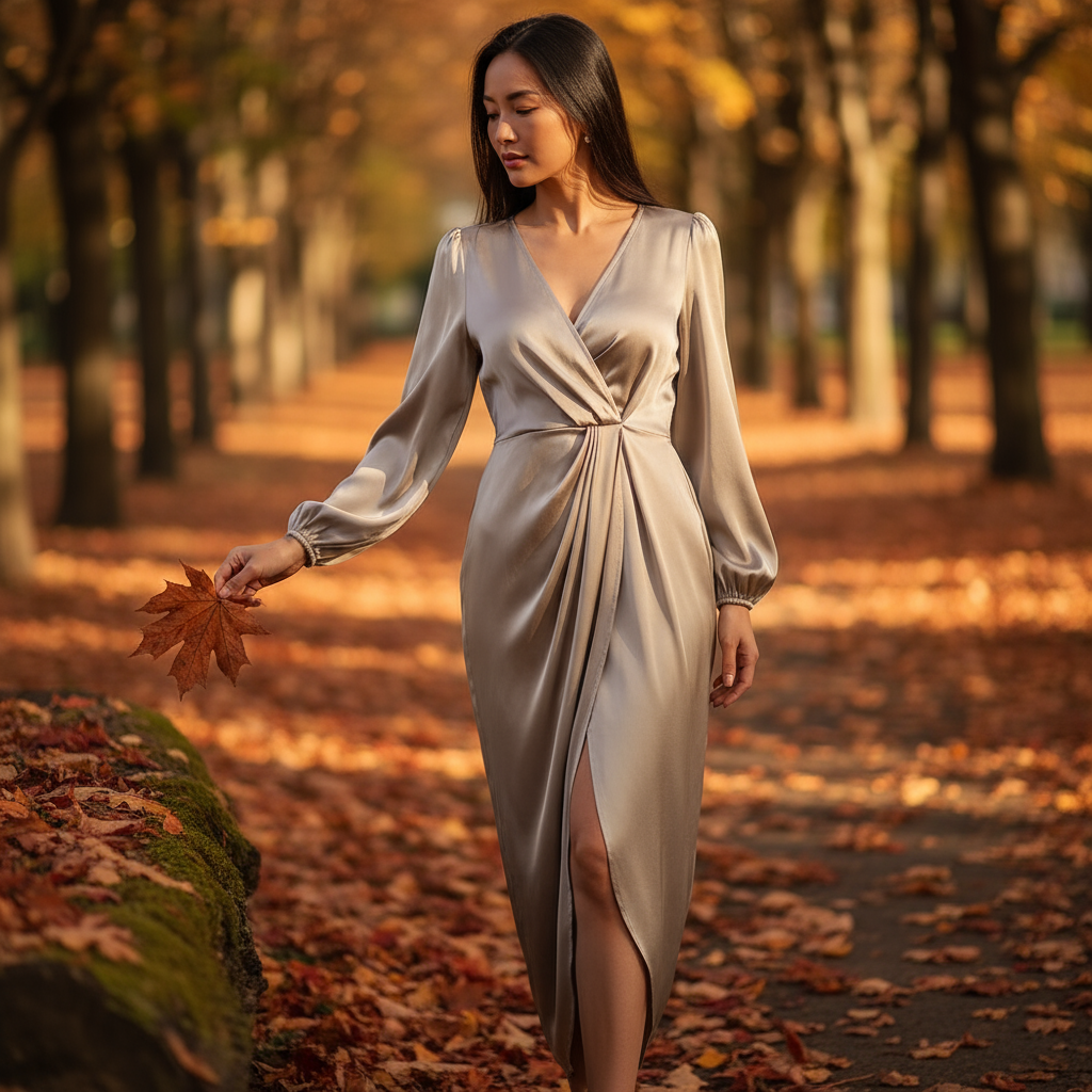 Woman in a silver dress holding a leaf in an autumn park