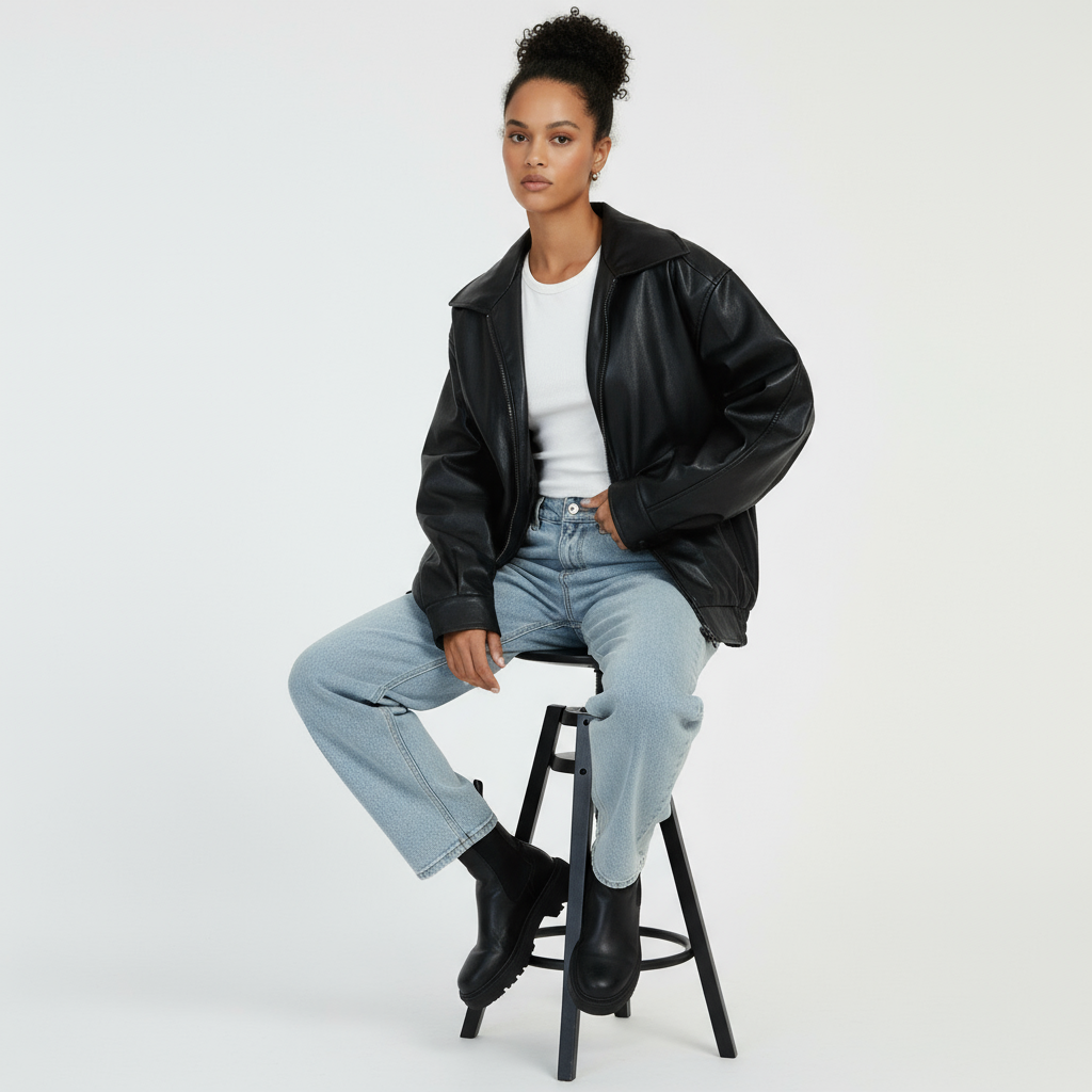 Person wearing a black leather jacket, white shirt, and light blue jeans sitting on a stool against a white background.