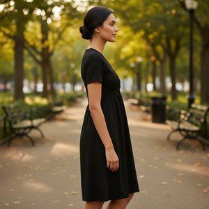 Woman in a black dress standing in a park with trees and benches in the background