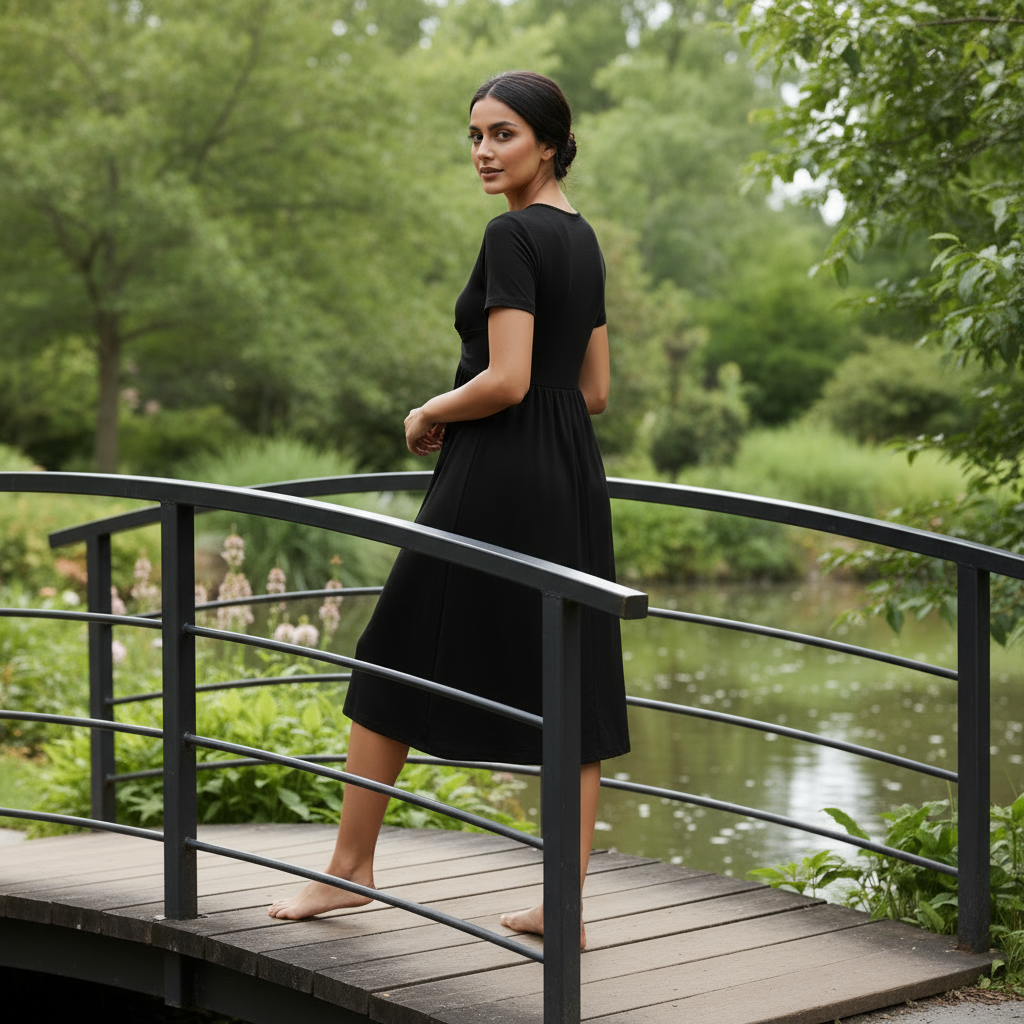 Woman in a black dress standing on a wooden bridge over a pond with greenery in the background
