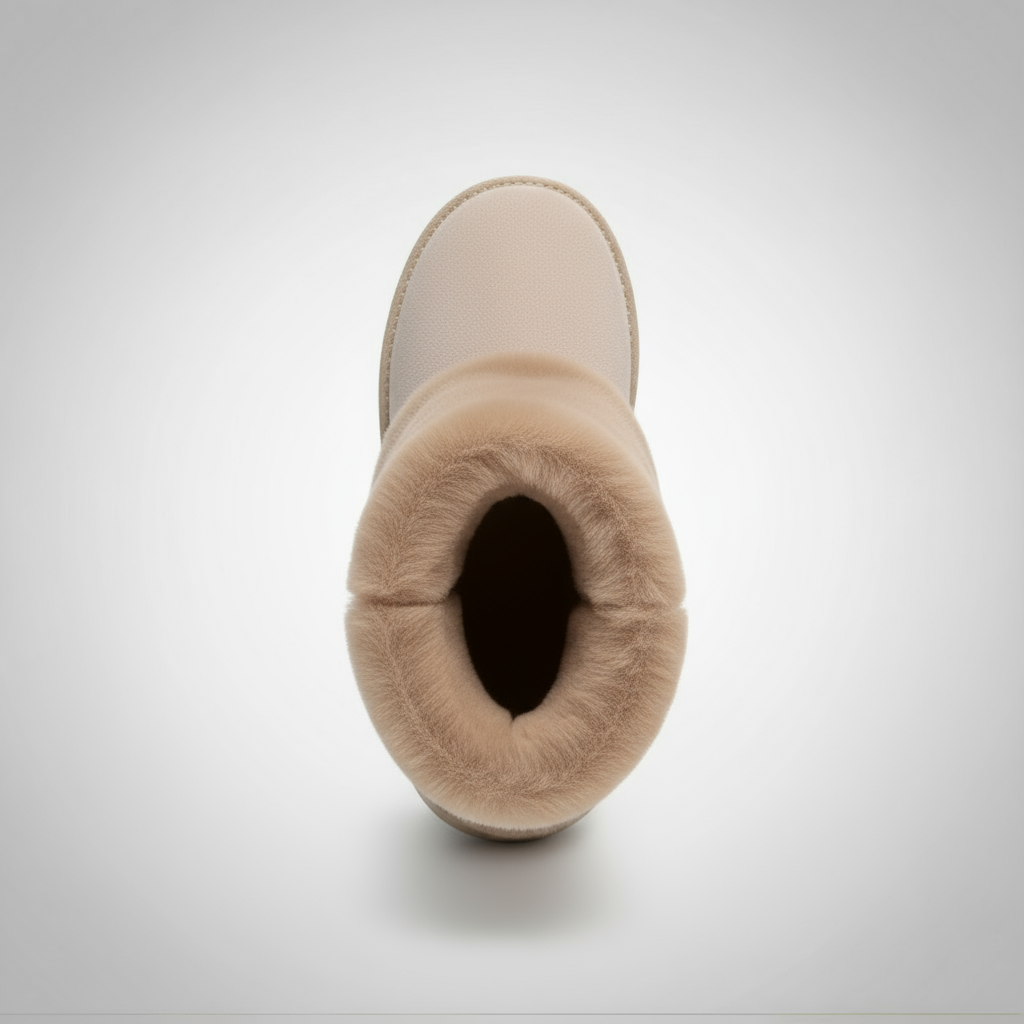 Beige winter boot with fur lining on a light gray background