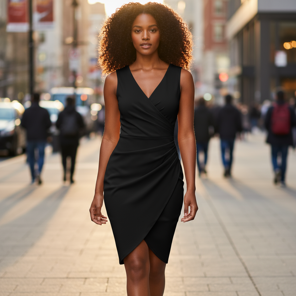 Woman in a black dress walking on a city street