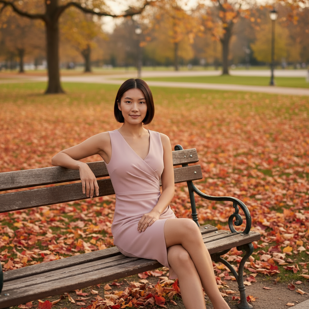 Woman in a pink dress sitting on a bench in an autumn park.