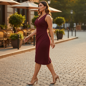 Woman in a burgundy dress walking on a cobblestone street with outdoor seating in the background.