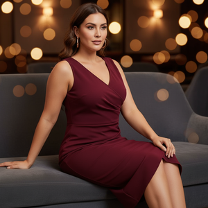 Woman in a burgundy dress sitting on a gray couch with blurred lights in the background