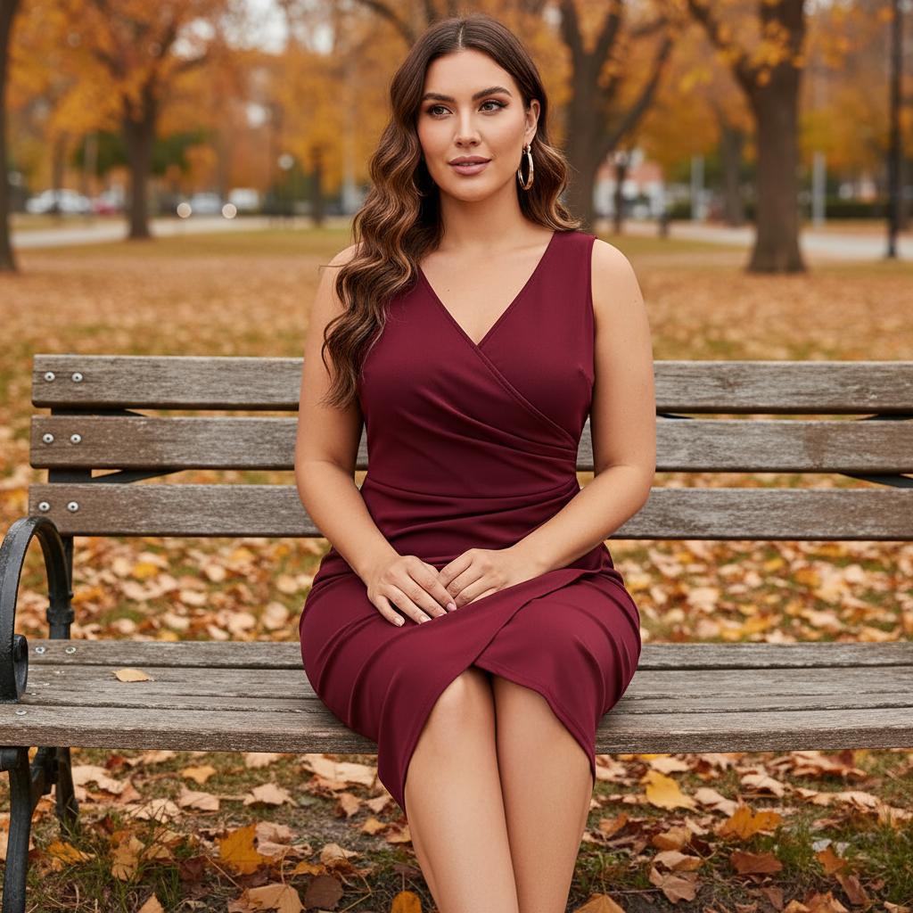 Woman in a burgundy dress sitting on a bench in an autumn park.