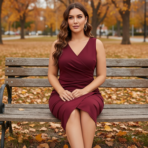 Woman in a burgundy dress sitting on a bench in an autumn park.