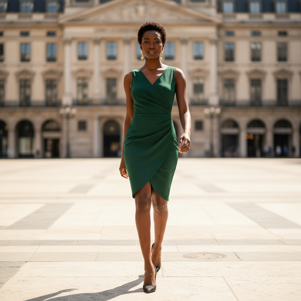 Woman in a green dress walking in front of a classical building