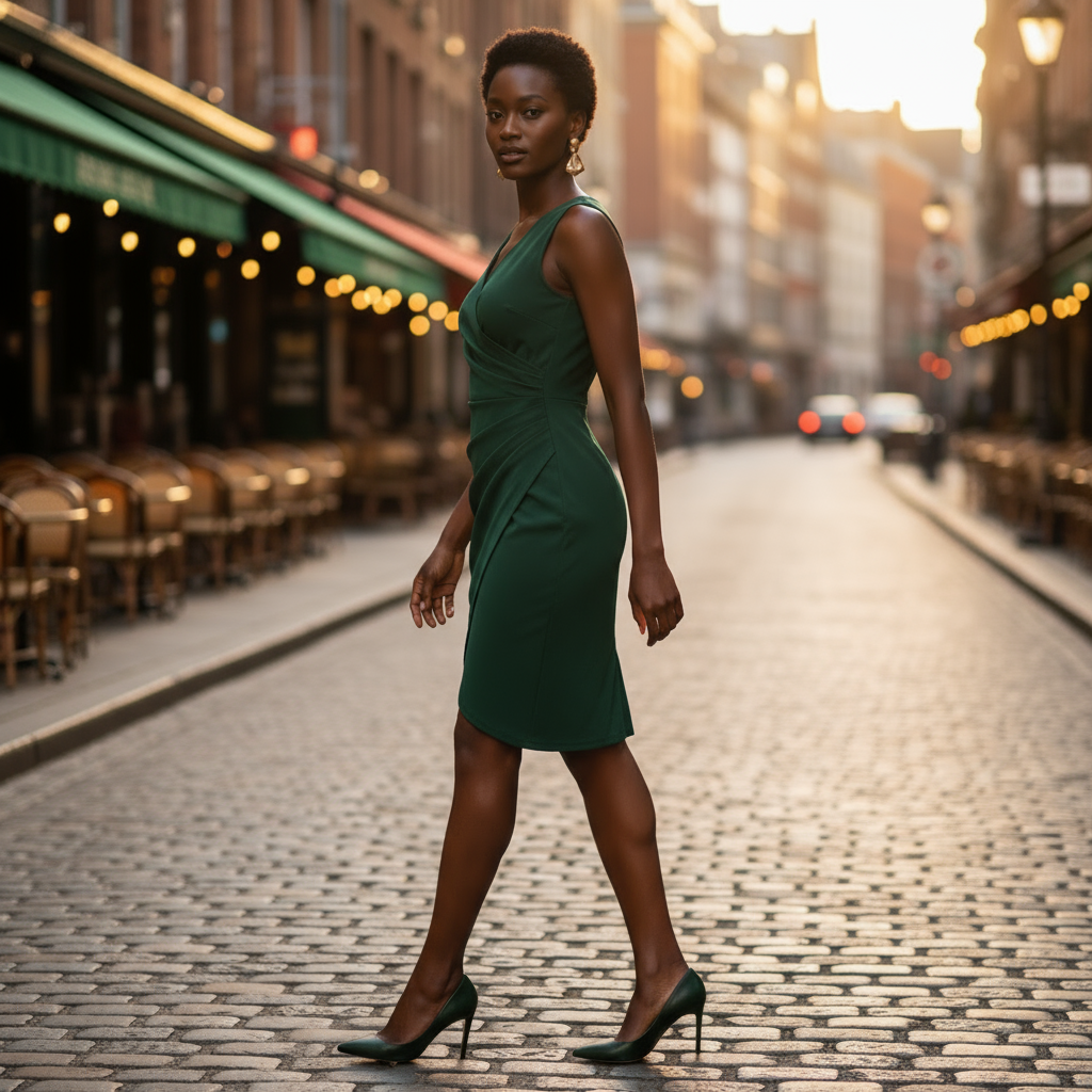 Woman in a green dress walking on a city street with blurred background