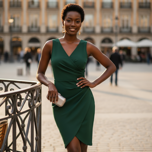 Woman in a green dress standing in an outdoor setting with blurred background