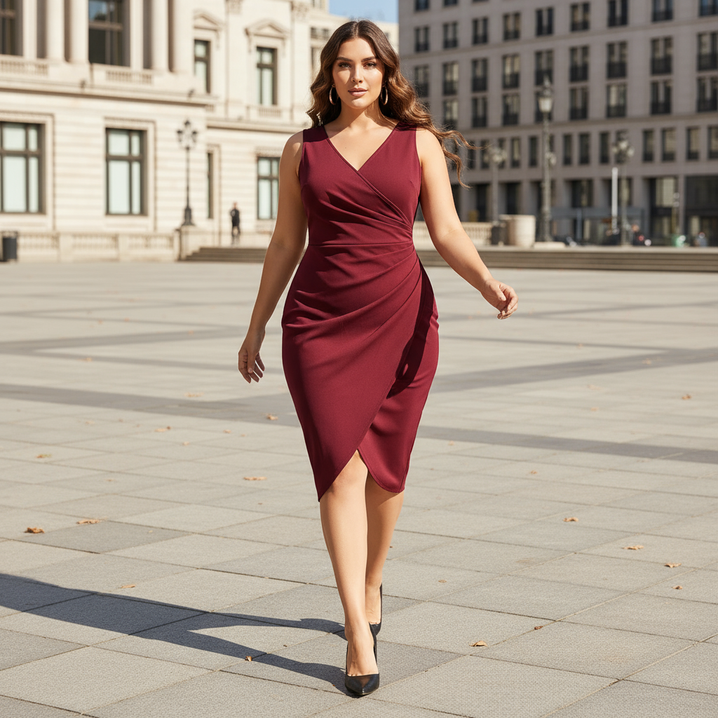 Woman in a burgundy dress walking on a city street.