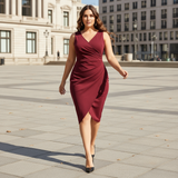 Woman in a burgundy dress walking on a city street.