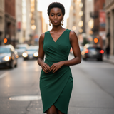 Woman in a green dress standing on a city street