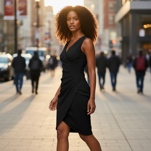 Woman in a black dress standing on a city street with blurred background