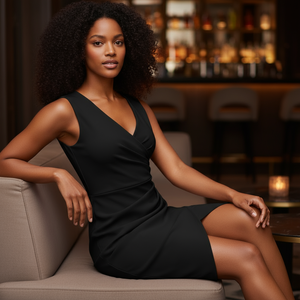 Woman in a black dress sitting on a couch in a bar setting