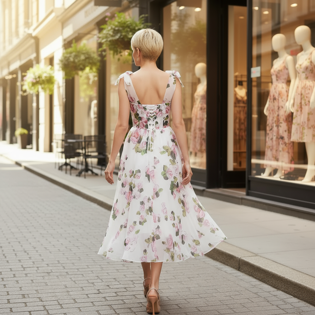Woman in a floral dress walking on a city street with a store window display.