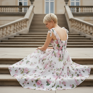 Woman in a floral dress sitting on steps with a classical building in the background