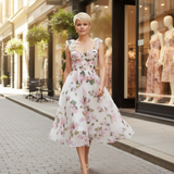 Woman in a floral dress walking on a city street with store windows in the background