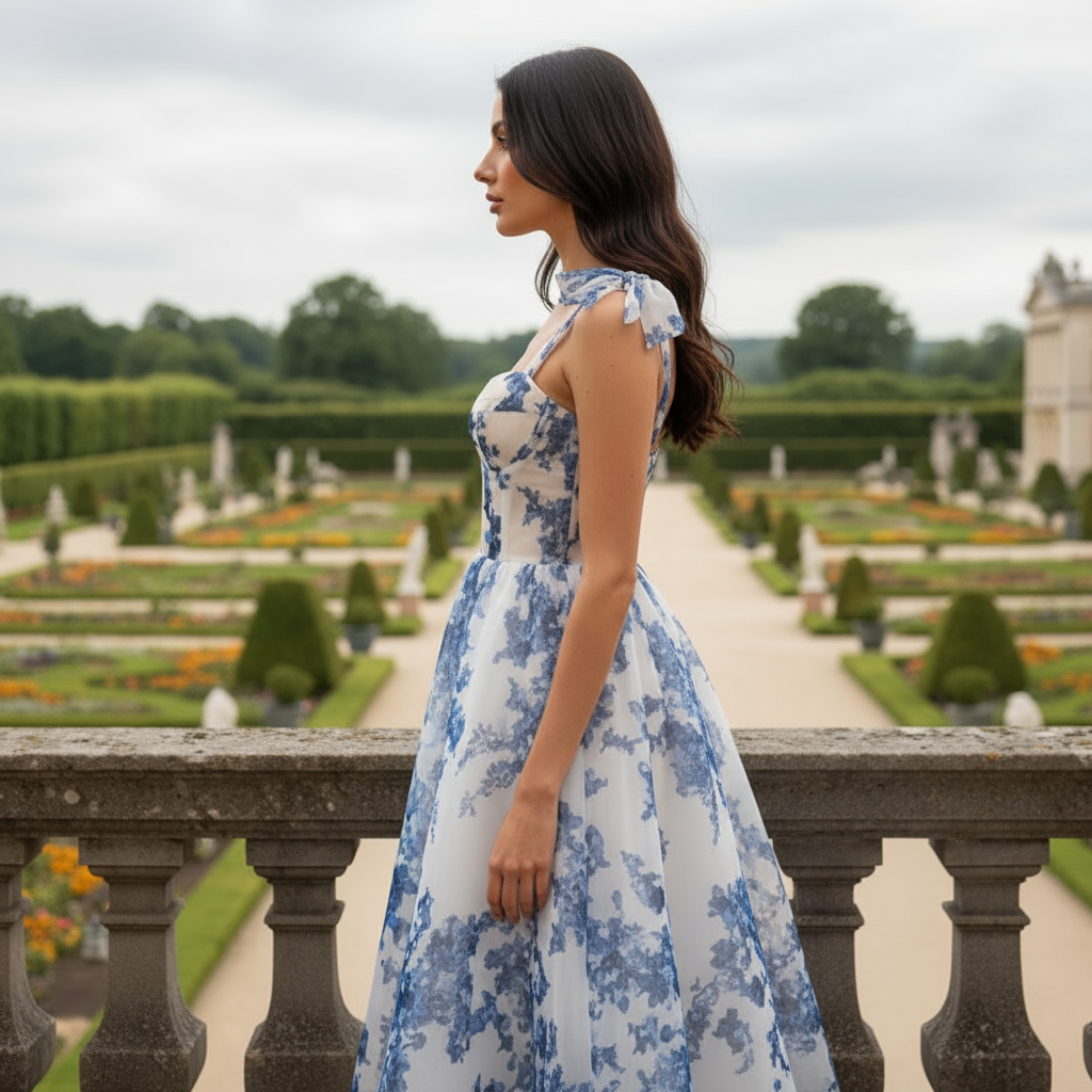 Woman in a blue floral dress standing in a garden with manicured hedges and pathways.
