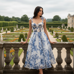 Woman in a blue floral dress standing in a garden with a castle in the background