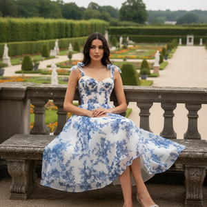 Woman in a blue and white floral dress sitting on a stone bench in a garden.