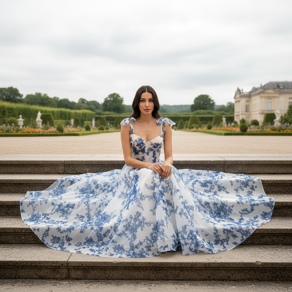 Woman in a blue and white floral dress sitting on steps in a park-like setting.