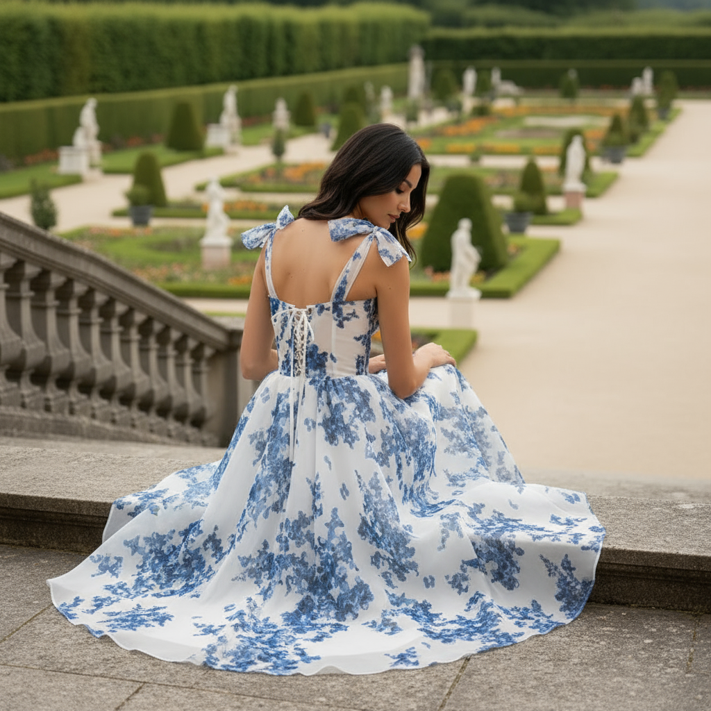 Woman in a blue and white floral dress sitting in a garden.
