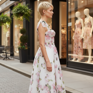 Woman in a floral dress standing on a city street with mannequins in the background