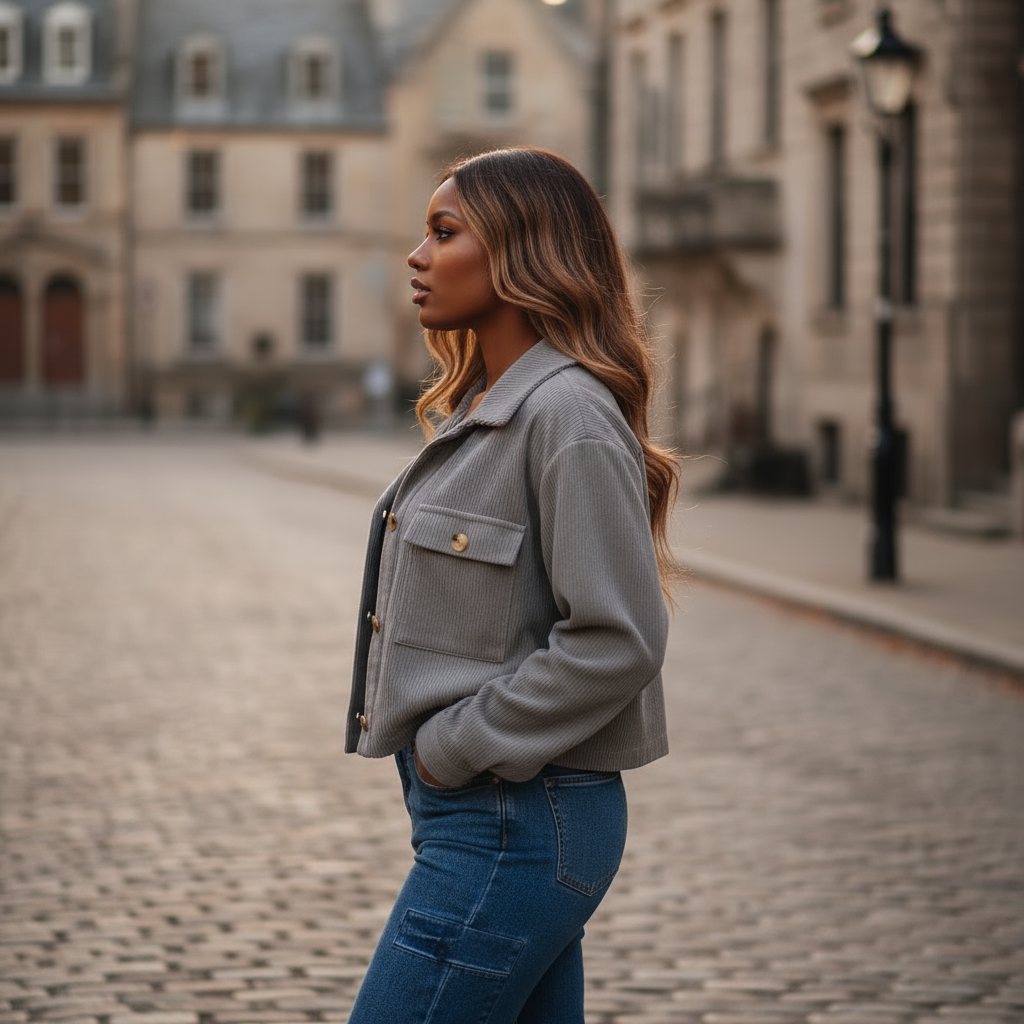 Woman in a gray jacket and blue jeans standing on a cobblestone street with buildings in the background.