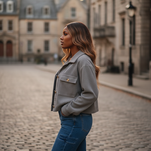 Woman in a gray jacket and blue jeans standing on a cobblestone street with buildings in the background.
