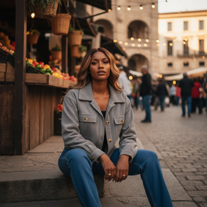 Woman sitting on a street corner in an urban setting with market stalls and people in the background.