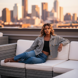 Woman sitting on a couch with a city skyline in the background