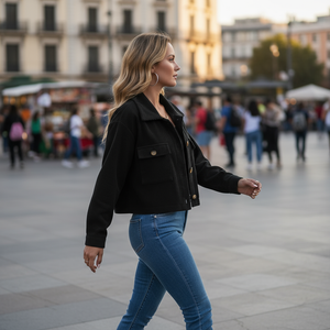 Woman in a black jacket and blue jeans walking in an urban setting with blurred people in the background