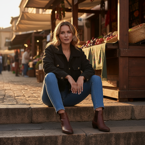 Woman sitting on a stone ledge in an outdoor market setting