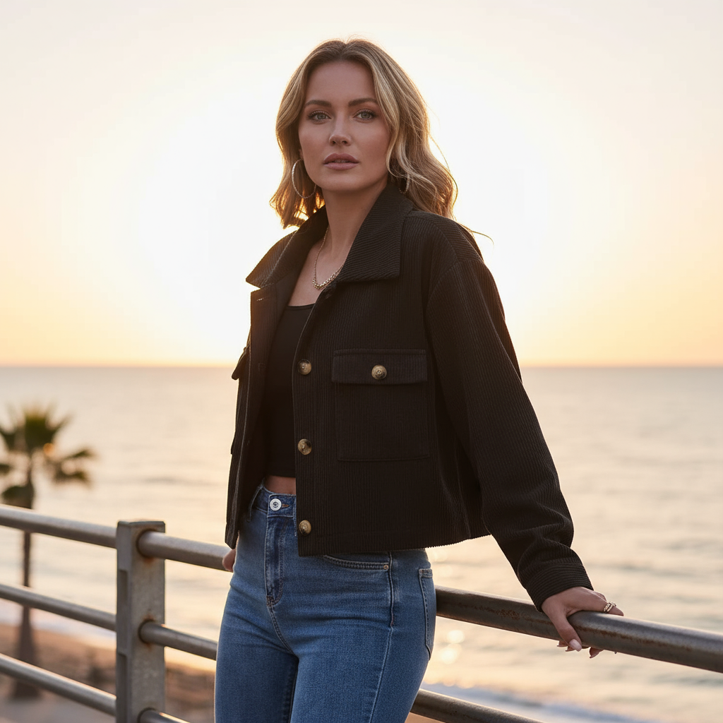 Woman in a black jacket and blue jeans standing by a railing with a sunset over water in the background
