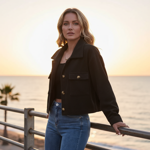 Woman in a black jacket and blue jeans standing by a railing with a sunset over water in the background