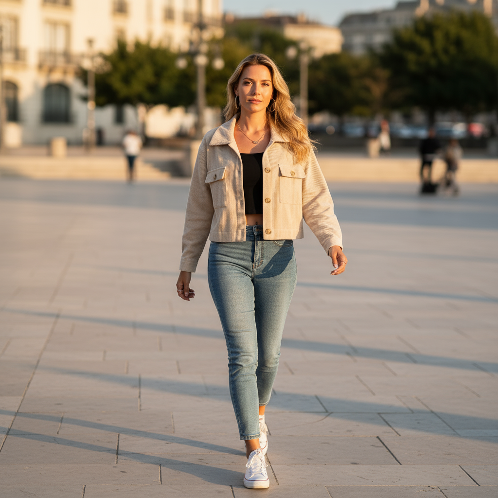 Woman walking on a paved square wearing a beige jacket and blue jeans.