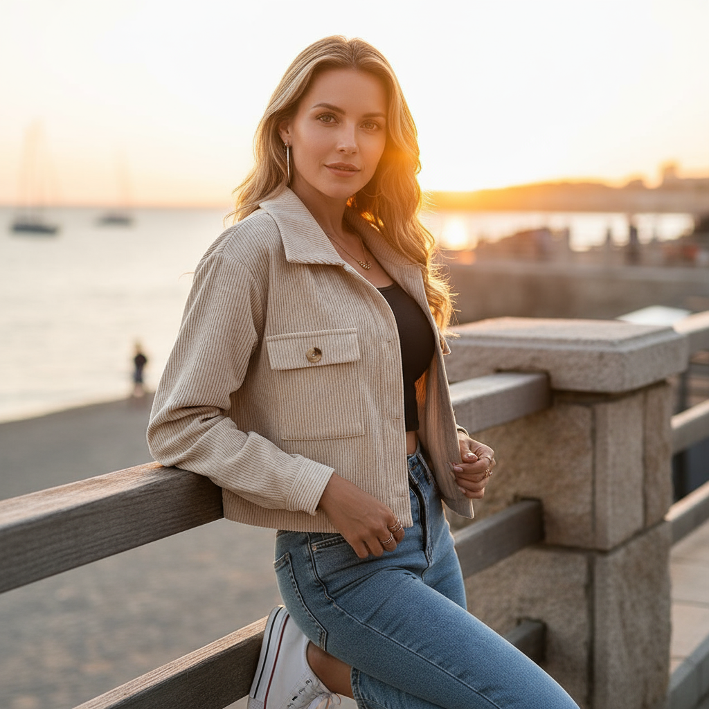 Woman standing by a waterfront at sunset, wearing a beige jacket and blue jeans.
