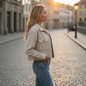 Woman in a beige jacket and blue jeans standing on a cobblestone street with a blurred background
