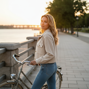 Woman standing next to a bicycle by a waterfront at sunset