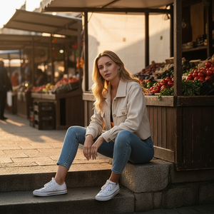 Woman sitting on steps at an outdoor market with produce in the background