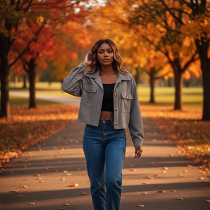 Woman walking on a path lined with trees with autumn foliage