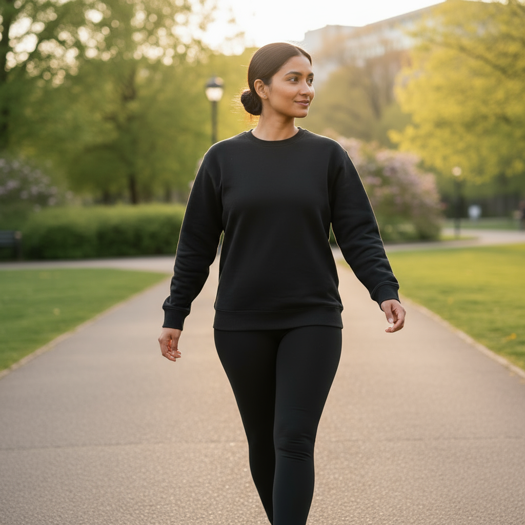 Woman in black outfit walking on a path in a park