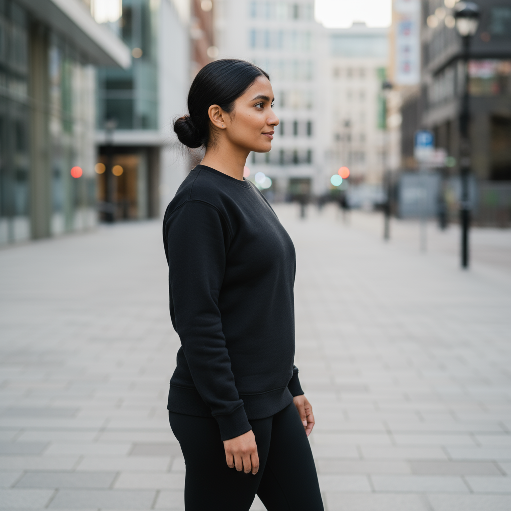 Woman in a black outfit walking on a city street