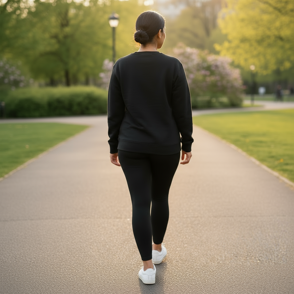Person walking on a path in a park wearing black athletic wear.