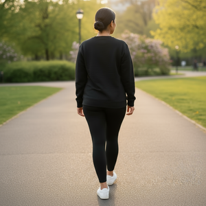 Person walking on a path in a park wearing black athletic wear.