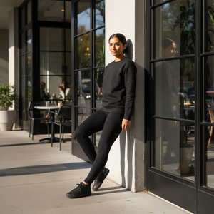 Woman in black outfit leaning against a building entrance with outdoor seating area in the background