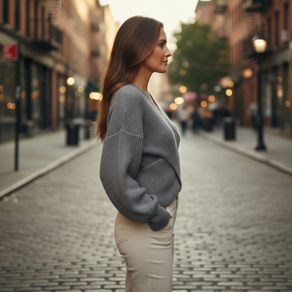 Woman in a gray sweater and beige pants standing on a city street.