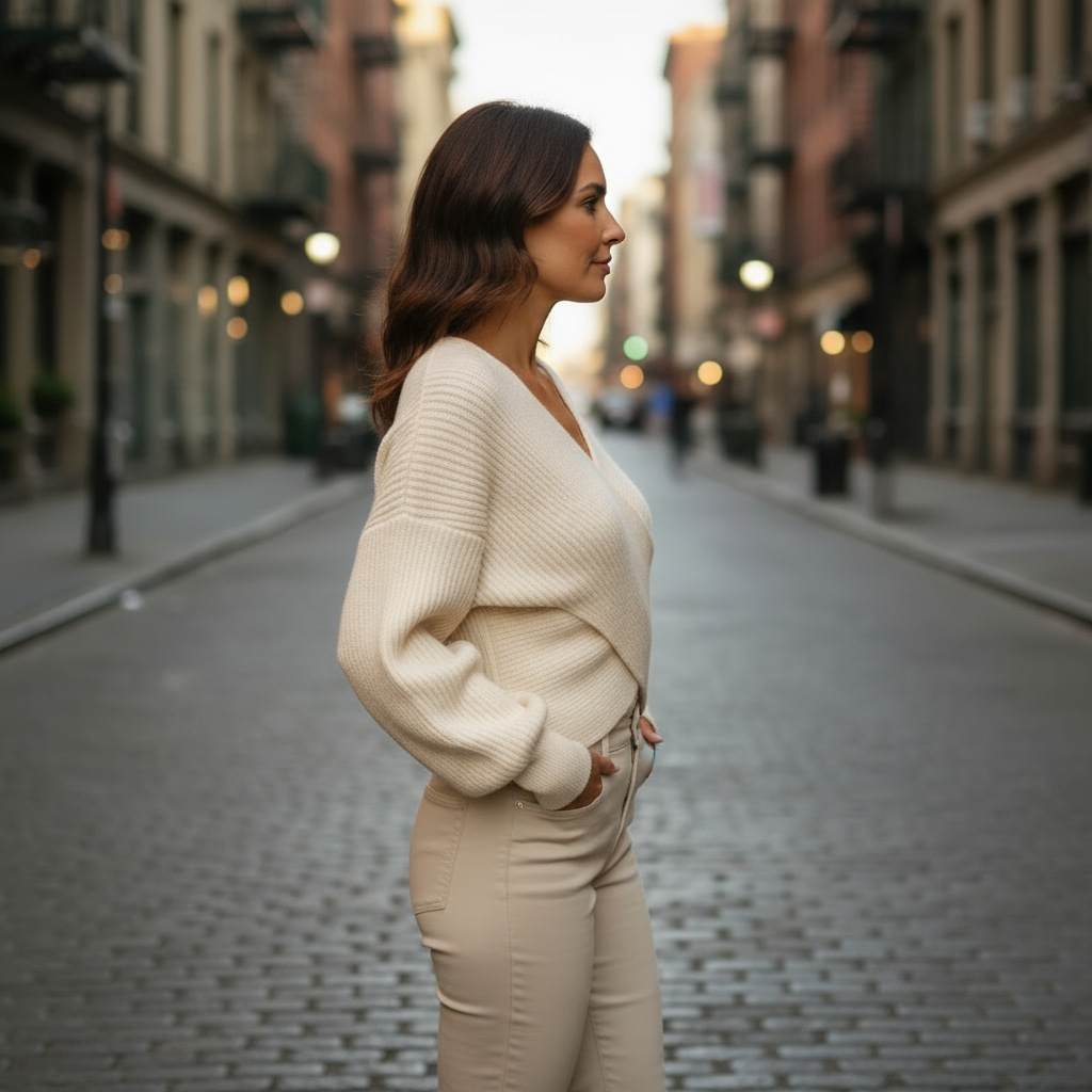 Woman in a white sweater and beige pants standing on a city street.
